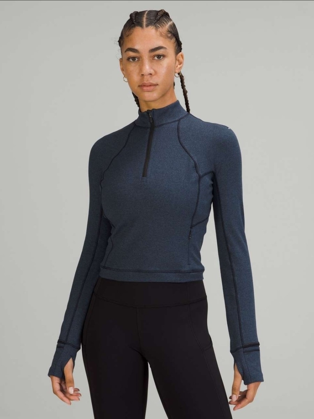 Lululemon It's Rulu Run Cropped Half-Zip Heathered True Navy Black Size 8
